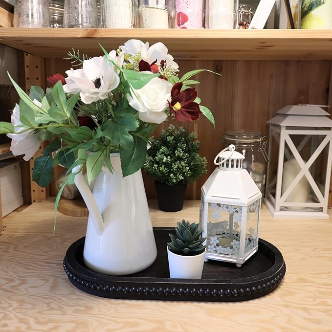 Vintage Black Oval Wood Decorative Ottoman Tray for Coffee Table Kitchen Counter, Living Room, Handcrafted Wooden Serving Tray for Table Centerpiece