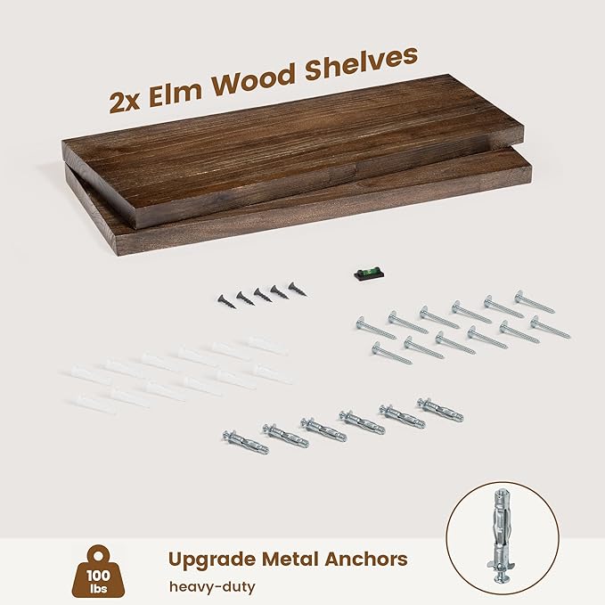 Rustic Elm Wood Floating Shelves for Wall, Flat Edge 24"W x 9.2"D x 1.4"H, Set of 2 with Invisible Bracket, Wall Mounted Storage Shelves for Living Room Bedroom Kitchen Bathroom Decor, Walnut Finish