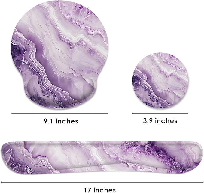 Britimes Purple Marble Gold Mouse Pad 3pcs Set with Wrist Support Non-Slip Rubber Base Ergonomic Pad,Mouse Wrist Cushion Support and Coasters for Home Office Gaming Easy Typing & Pain Relief