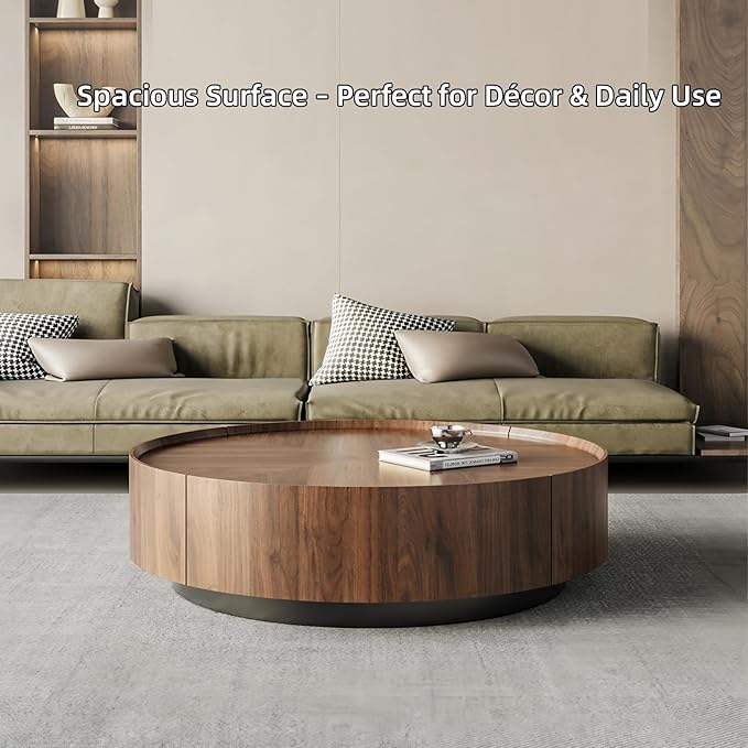 Luxury Solid Wood Coffee Table with Hidden Drawer, Fully Assembled Square Center Table for Living Room, Raised Edge Design, No Installation Needed, Premium Walnut Finish (35.43" Round Coffee Table)