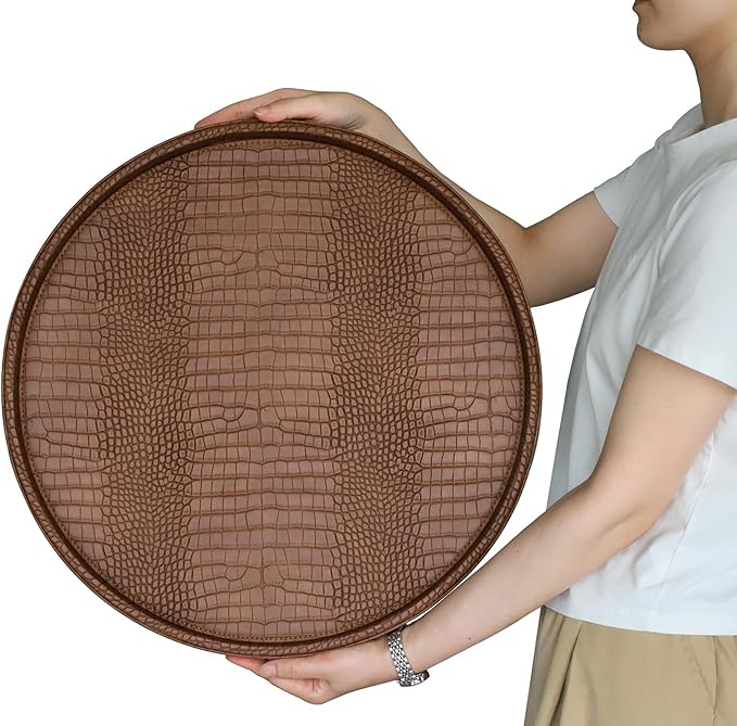 HofferRuffer Round Serving Tray 20'', Elegant Faux Leather Circle Ottoman Table Tray, Serve Tea Coffee Breakfast in Bedroom Living Room Kitchen (Brown)