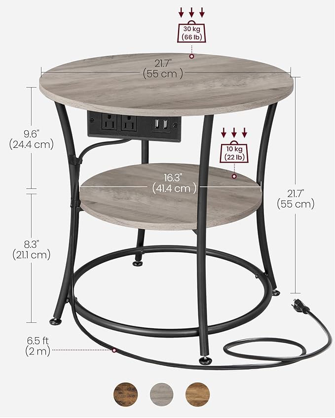 VASAGLE Side Table, 2-Tier Round End Table with Power Outlets, Nightstand with Steel Frame for Small Spaces, Living Room, Bedroom, Heather Greige and Ink Black ULET077L01