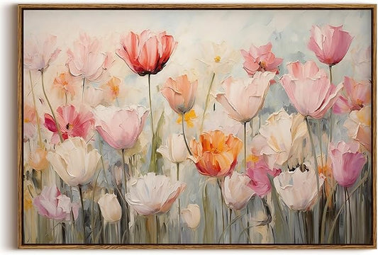 KISSFOX Boho Textured Floral Canvas Wall Art Blush Peach Tulips Framed Wall Art Vintage Colorful Paintings Artwork Abstract Modern Art Prints For Bedroom Kitchen Living Room