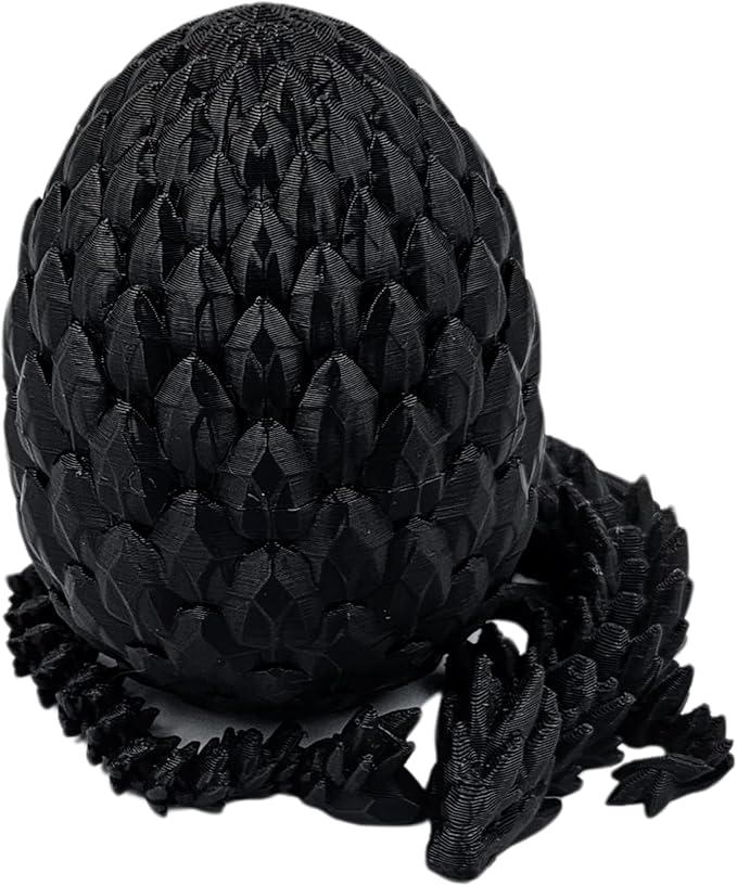 3D Printed Dragon Egg Articulating Gemstone Dragon Fidget Figurine - Vibrant Color Dragons Flexible ADHD, Autism and Anxiety Relief - Articulated Joints (Black)