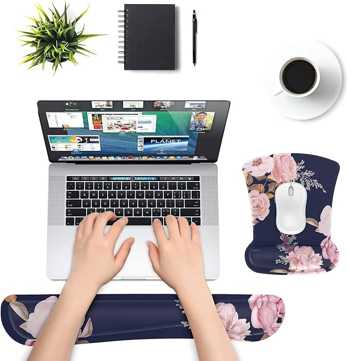 MOSISO Wrist Rest Support for Mouse Pad & Keyboard Set, Peony Ergonomic Mousepad Non-Slip Base Home/Office Pain Relief & Easy Typing Cushion with Neoprene Cloth & Raised Memory Foam, Blue