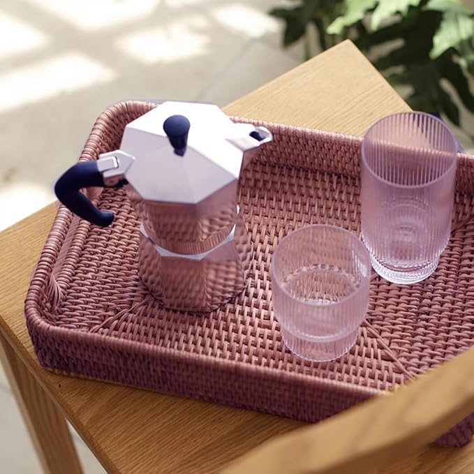 i-lan 17 Inch Oversize Handwoven Dark Brown Rattan Rectangular Serving Tray with Cutout Handles, 2.3” High Wall Decorative Woven Rattan Storage Baskets Organizer Platter for Bread, Fruits