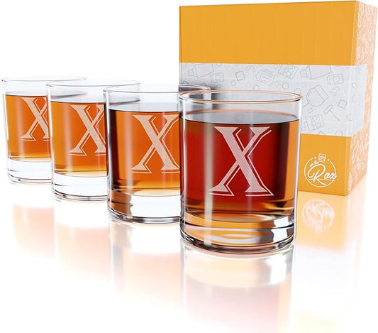 (X-Monogram)- 4 Piece Set of 11 Ounce Engraved Heavy Base Rocks Glasses- Quality Elegant Glass-Multi-Purpose Beverage-Rocks Glass- For any Occasion- By: On The Rox