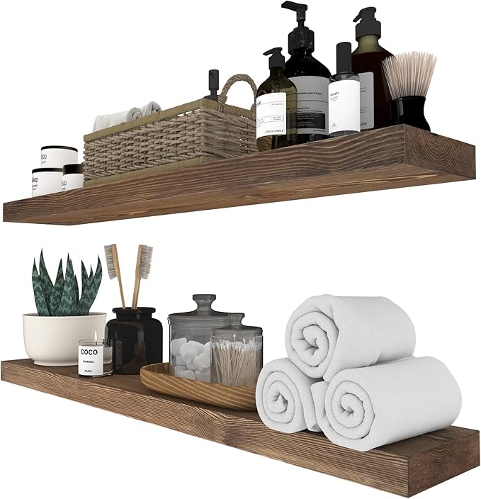 Wood Floating Shelves,36 inch Rustic Wood Wall Shelves for Bathroom Living Room Bed Room Kitchen Farmhouse Laundry Room Set of 2,Handmade-Thickened Wall Shelf,Black Walnut