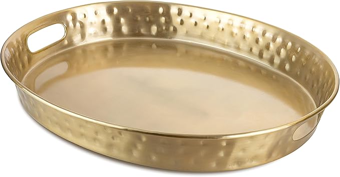 Monarch Abode Hand Hammered Metal Serving Tray with Handles, 17-Inch Brushed Gold Finish– Oval Serving Platter, Large Serving Tray for Party, Fruit Platter, Dessert Trays, Serving Dishes