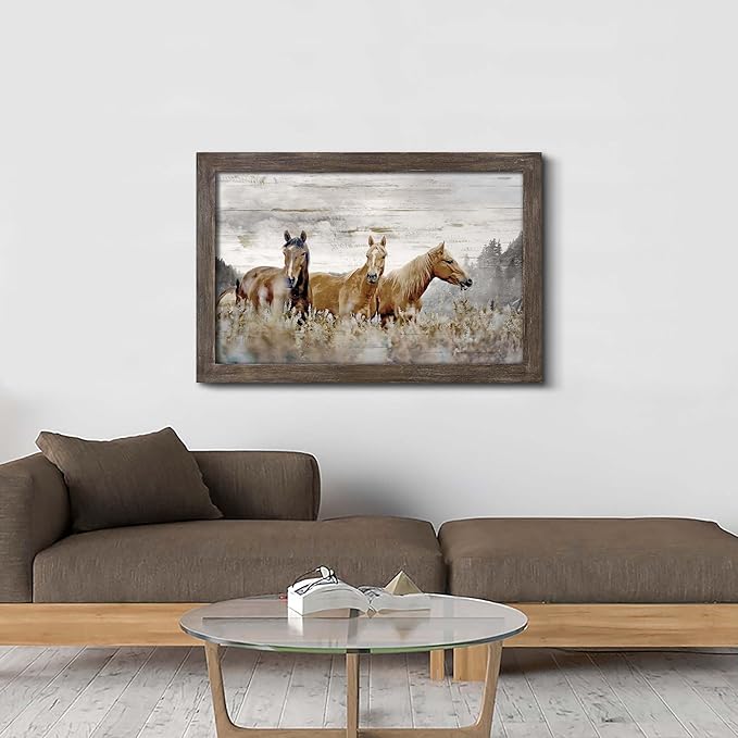 Horse Wall Art Rustic Decor: Framed Wild Animal Wooden Picture Brown Horses Portrait Print Painting Western Wildlife Artwork for Bedroom Home Office 36 x 24 Inches