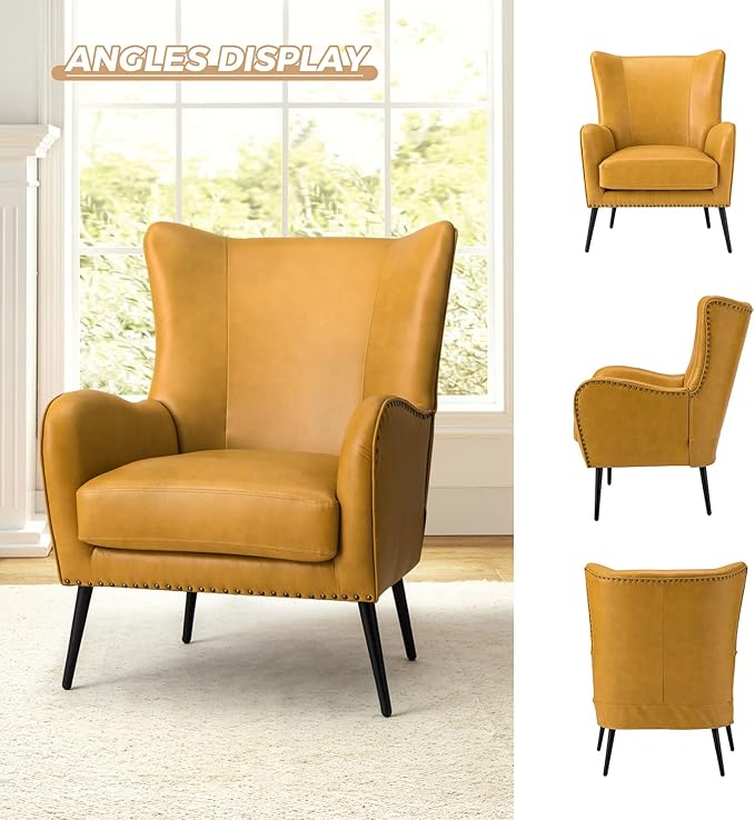HULALA Home Faux Leather Accent Chair w/Removable Cushion, Comfy Upholstered Armchair with Black Metal Legs & Nailhead Trim Wingback Vanity Chair Desk Chair for Reading Living Room Bedroom, Yellow