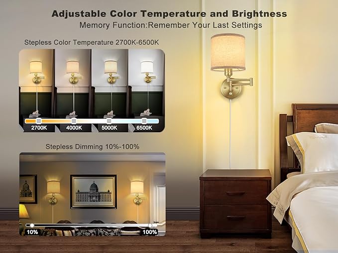 Plug in Wall Sconces with Remote Control, Dimming & Adjustable Colors 2700K-6500K, Hardwire or Plug-in, Swing Arm Wall Lamp with Linen Fabric Shade, Wall Sconces Set of Two, Gold Finish