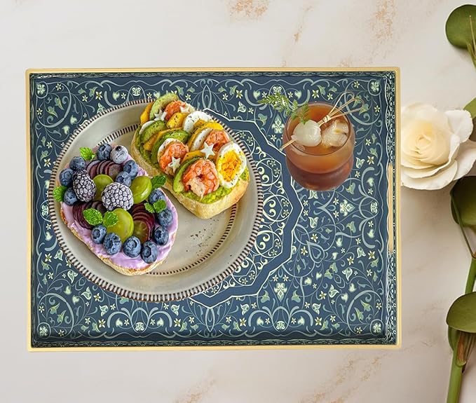 Decorative Tray, Blue Serving Tray with Handles, Ottoman Trays, Plastic Coffee Table Tray for Living Room, Bathroom, Kitchen, Decor, 15.7”*11.8”