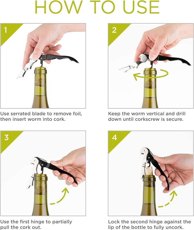 True Truetap Double Hinged Waiter's Corkscrew Wine Opener, Stainless Steel Wine Bottle Opener with Built In Foil Cutter, Home Bar Tools, Bar Cart Accessories, Wedding Gifts, Set of 1, Lime Green