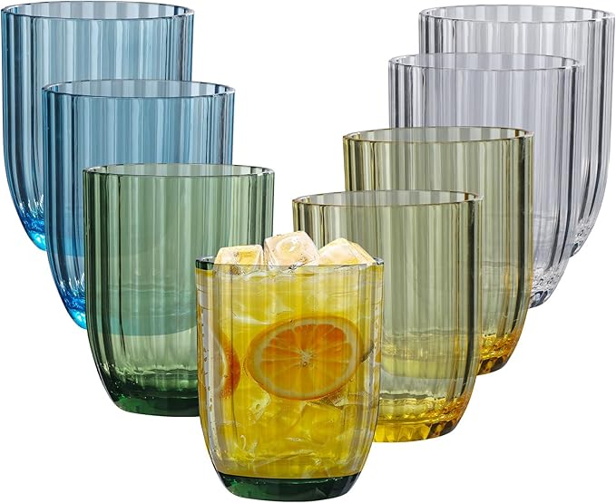 Acrylic Clear Highball Plastic Cups | Plastic Reusable Tumblers 15oz (Set of 8) | Stackable | BPA-free Tumblers | Shatterproof | Top-rack Dishwasher Safe