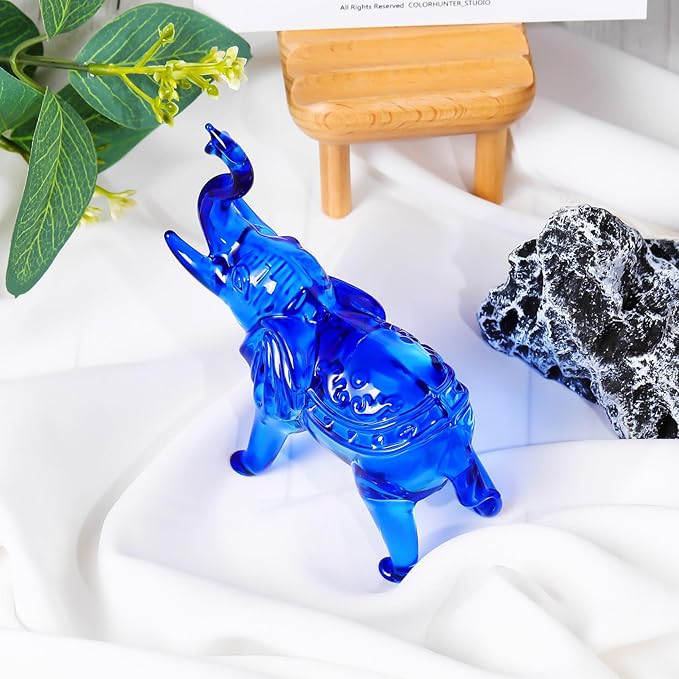 YWHL Blue Crystal Elephant Figurine Gifts for Women & Men, Glass Elephant Statue for Home & Office Decor, Handmade Art Animals Collectible