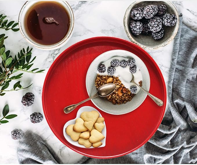 Round Solid Wood Serving Tray, Non-Slip Tea Coffee Snack Plate Food Meals Serving Tray with Raised Edges for Home Kitchen Restaurant(9.5inch,Red)