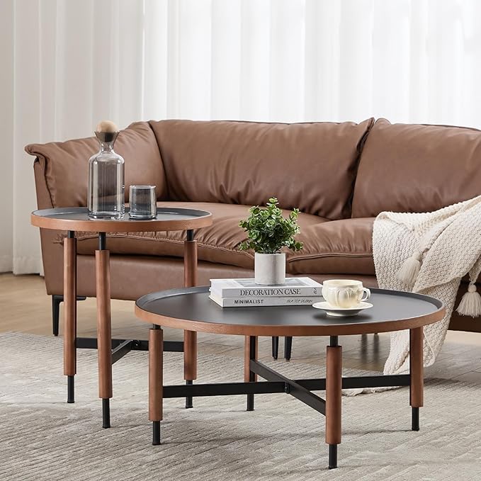 DUOMAY Modern Round Wood Coffee Table, 31.25'' Wide Center Table with X-Shaped Metal Base, Round Tubular Iron Legs Covered with Rubber Wood for Living Room, Lounge, Office, Apartment, Black