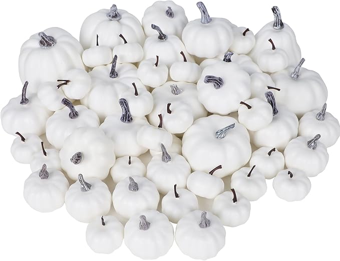 winemana 46 Pcs Assorted Size Artificial Pumpkins Fall Decorations, White Foam Pumpkin Autumn Decor, Decorative Faux Pumpkin for Halloween Thanksgiving Table Centerpiece Mantle Bowl Wedding Party