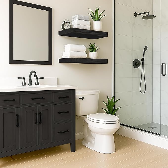 Rustic Floating Shelves 24 inch Long 8 inch deep Set of 2, Solid Wood Wall Shelves for Bedroom Living Room Kitchen, Wall Mounted Shelves with Hidden Bracket- Black