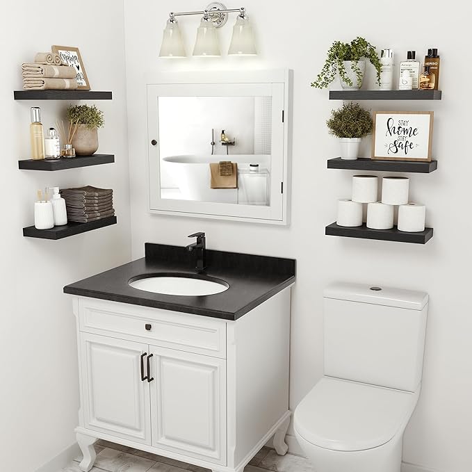 Vivelove Black Floating Shelves for Wall, 16 inchs x 6.7” deep x 1.4” Wall Shelf for Bathroom Bedroom, Living Room, Kitchen, Office Home Decor, Narrow Wood Shelves with Invisible Brackets Set of 2