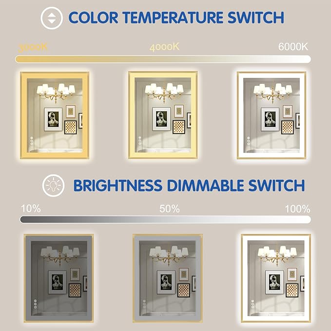24x30 LED Bathroom Mirror with Gold Frame, Backlit and Fron Light, Anti-Fog, Dimmable, Memory Function, Shatterproof, LED Vanity Mirror for Bathroom(Horizontal/Vertical Hangs)