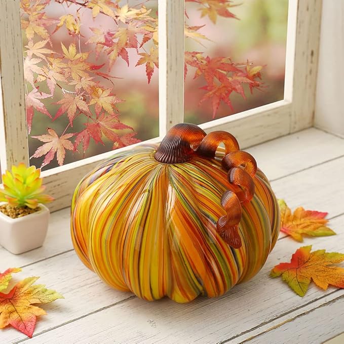 Glitzhome Hand Blown Rainbow Striped Glass Pumpkin Table Accent for Fall & Harvest Thanksgiving Decorating(6.5 Inch)