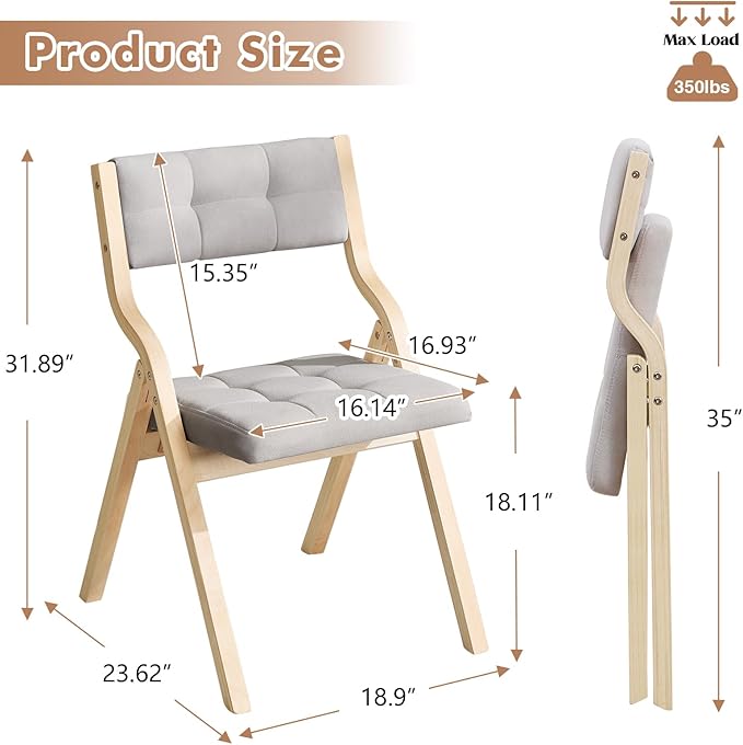 2-Pack Folding Dining Chairs with Cushion,Padded Foldable Dining Chairs,Portable Wooden Folding Chairs for Dining Rooms Kitchen Wedding and Party Indoor LIGHTGREY