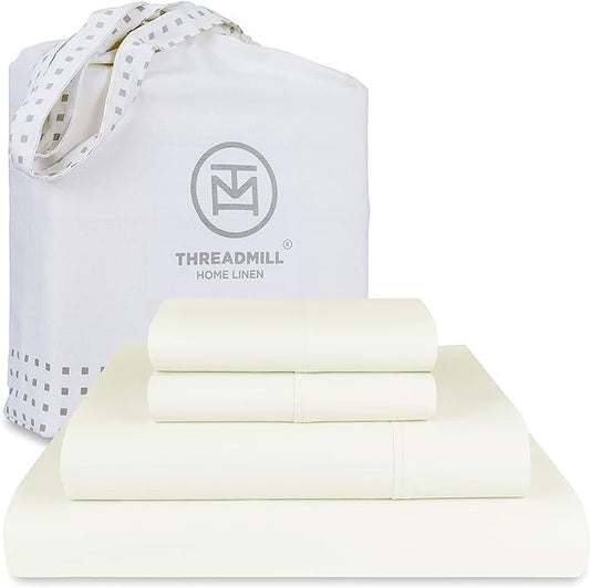 Threadmill Luxury 800 Thread Count King 100% Cotton Sheets - Ivory Sateen Weave Bed-Sheets, Better Than Egyptian Cotton, 4 Pc Solid Soft Bed Set, Fits 16" Deep Pocket