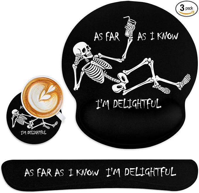 Britimes Skull Skeleton Black Ergonomic Mouse Pad Set with Wrist Rest Non-Slip Rubber Base Wrist Cushion Support and Coasters Mousepad with Wrist Support for Computer Keyboard and Desk