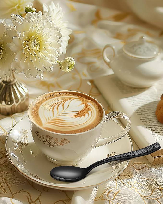 Stainless Steel Large Serving Utensils with Hammered Serving Spoon, Slotted, Serving Fork,Butter Knife,Sugar Spoon Hostess Black Serving Utensil Set for Parties,Buffet,Dishwasher Safe