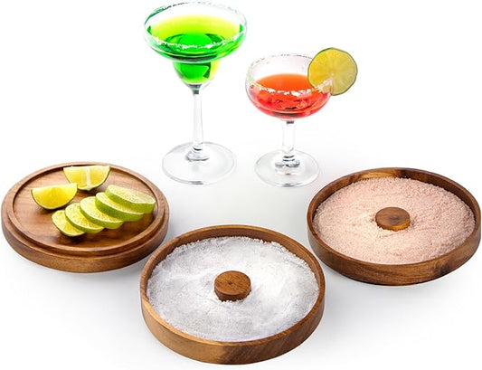 Nucookery 3-Tier Wood Bar Glass Rimmer, 5.6" Margarita Salt Rimmer Set, Sugar and Salt Rimmer Tray for Juice Cocktails, Bartender Bar Party Tool, Drinks Bar Accessories Box for Home Bar (Acacia Wood)