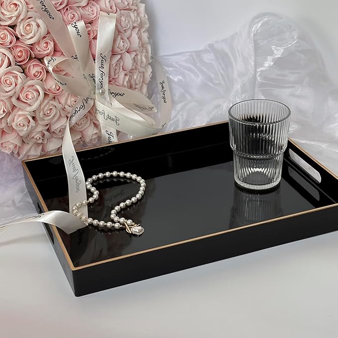Black Sturdy Acrylic Serving Tray with Handles-15.7x11.8Inch, Morden Plastic Rectangular Serving Tray for Coffee Table Bathroom, Ottoman, Home Decor