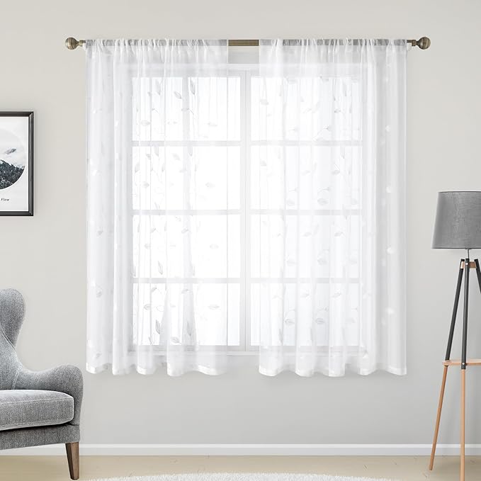 HOMEIDEAS White Sheer Kitchen Curtains 52 x 54 Inch Length 2 Panels Embroidered Leaf Pattern Short Curtains for Bedroom Half Small Window Rod Pocket Tiers