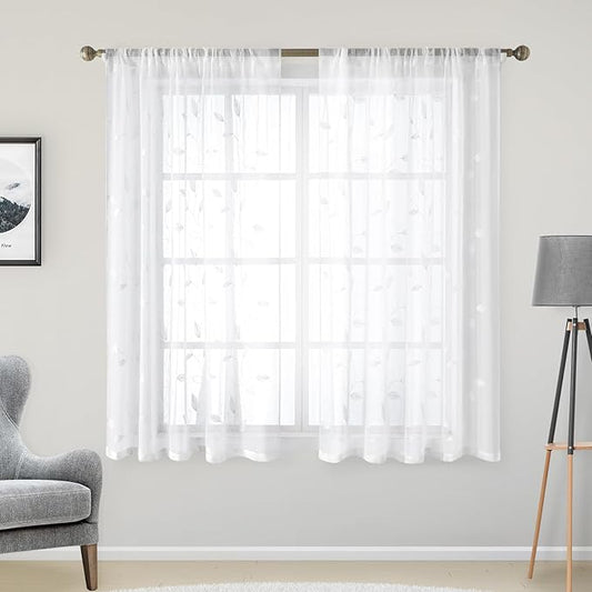 HOMEIDEAS White Sheer Kitchen Curtains 52 x 54 Inch Length 2 Panels Embroidered Leaf Pattern Short Curtains for Bedroom Half Small Window Rod Pocket Tiers