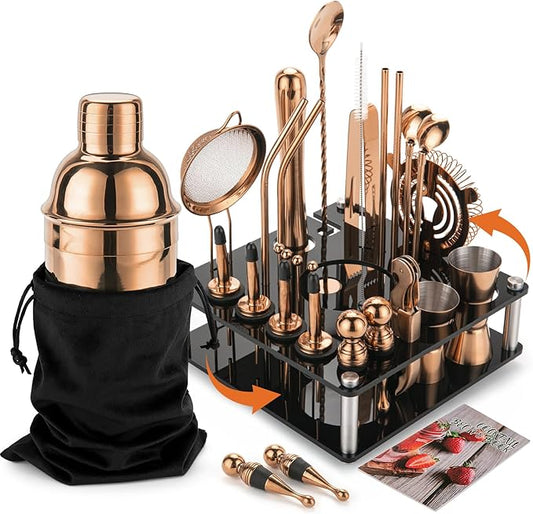 KINGROW Cocktail Shaker Set 29-Piece Bartender Kit with Rotating Stand | Bar Set Drink Mixer Set with All Essential Accessory Tools for Drink Mixing, Home, Bar, Party |Gold Rose