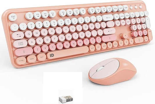 FD 2.4GHz Wireless Keyboard and Mouse Set with Switch Button - Full-Size Keyboard - Compatible for Windows/Laptop/PC/Notebook/Smart TV and More - Light Pink Colorful