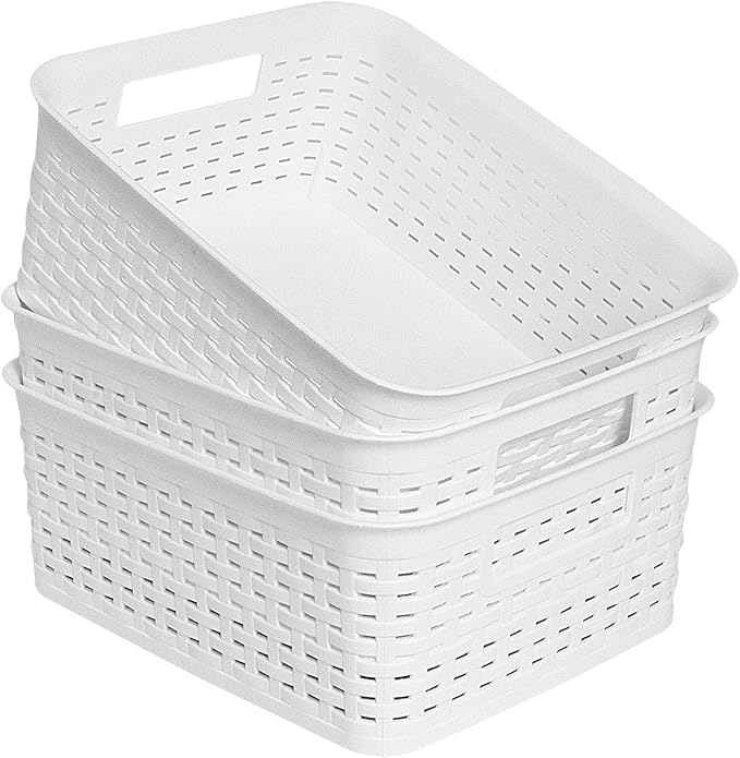 Plastic Storage Baskets for Cabinets, Household Pantry Organization with Handle,Organizer Bins for Room,Bathrooms,Under-Sink,Kitchen (White, S-3PACK)