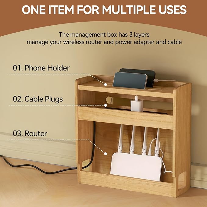 KIRIGEN Wireless Router Storage Box Multi Layer Router Organizer Shelf Wood Power Cable Management and Organizing Rack Box for Office and Home Natural (LYQ-NA)