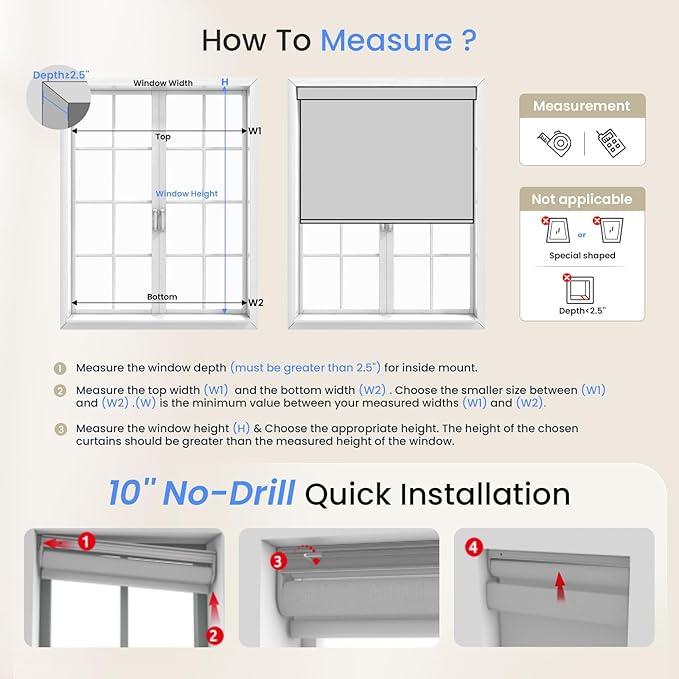 Grandekor No Drill Blackout Roller Shades for Windows,Free-Stop Cordless Roller Blinds for Indoor Windows,UV Protection Thermal Insulated,Pull Down Shades for Bedroom Home,White,Customize