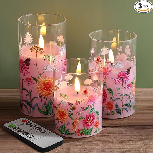 Pink Floral Glass Flameless Candles with Remote, Flickering Real Wax LED Pillar Candles Set of 3