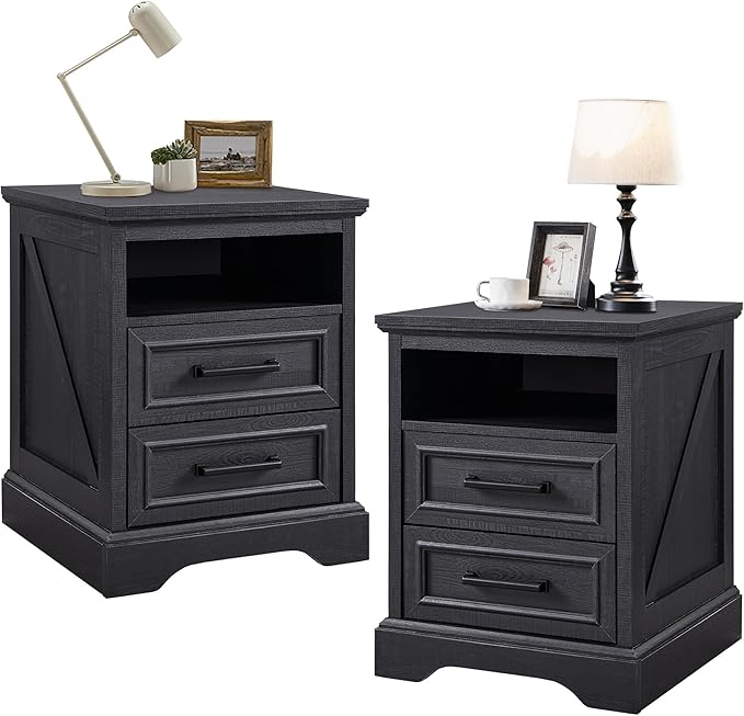 18" Farmhouse Nightstand Set of 2 with Charging Station,End Table with 2 Drawers Storage,Side Table,Bedside Cabinet for Bedroom,Living Room, Black