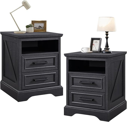 18" Farmhouse Nightstand Set of 2 with Charging Station,End Table with 2 Drawers Storage,Side Table,Bedside Cabinet for Bedroom,Living Room, Black
