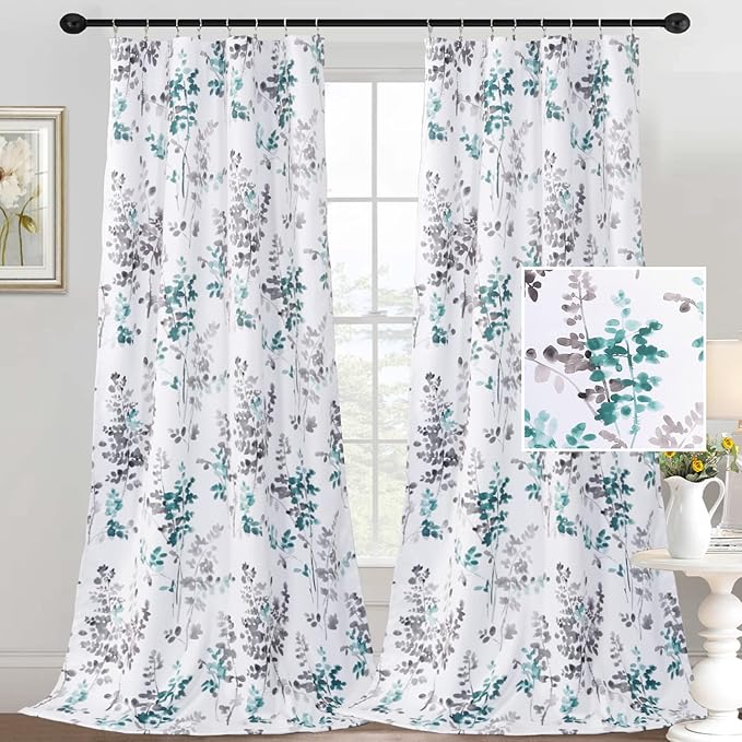 H.VERSAILTEX Floral Curtains 95 Inches Long Printed Pattern Room Darkening Curtains for Bedroom Rod Pocket Window Treatment Curtains, 2 Panels, Classical Floral Grey and Turquoise