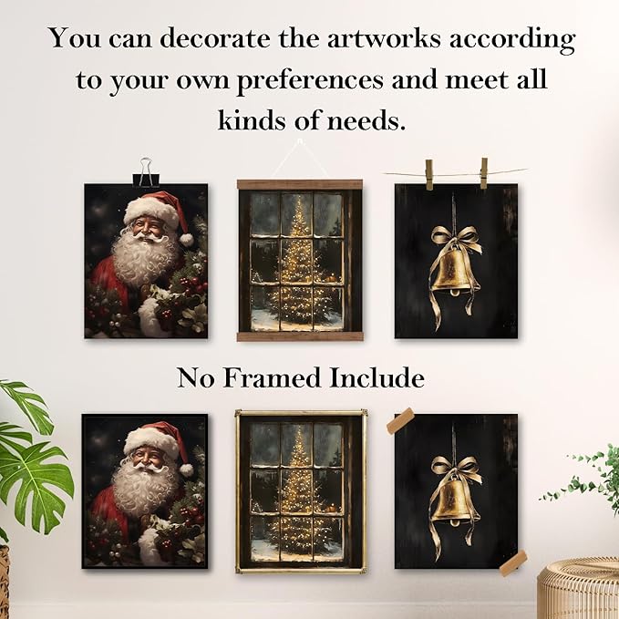 TFKFJLF Vintage Christmas Santa Wall Art Poster Decor, Aesthetic Christmas Tree Wall Decor, Xmas Holidays Decorations for Bathroom Bedroom Living Room Office, Unframed 8x10in Set of 4