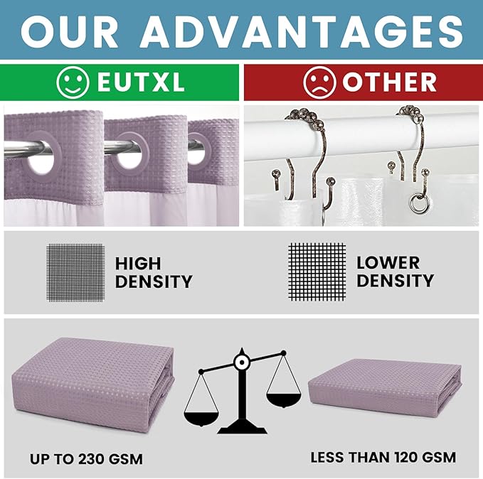 Lavender Long No Hook Shower Curtain with Snap in Liner,230GSM Waffle Weave Shower Curtains for Bathroom,71W x 86H