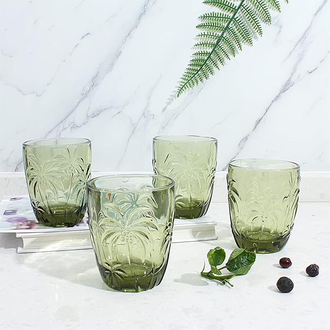 M&N HOME Green Christmas Tumblers, Colored Whiskey Glasses, Set of 4 Colorful Drinking Glasses, 9 Oz Coconut Cups, Glass Cups for Water and Juice, Holiday Glasses Drinkware - GREEN SET
