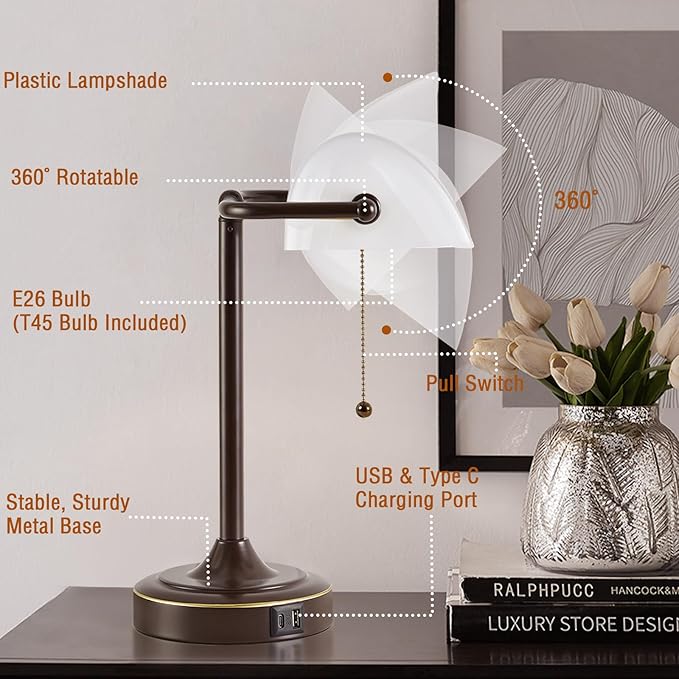 Vintage Desk Lamp Bankers Lamp - Brown Retro Table Lamp with USB & Type C Charging Ports Traditional Pull Chain Switch Library Lamp for Home Office Bedroom Nightstand Side Table Lamp(Bulb Included)