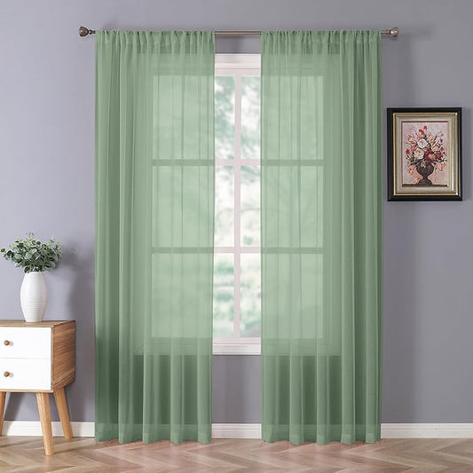 Tollpiz Sheer Curtain Linen Textured Living Room Curtains Sheer Light Filtering Rod Pocket Voile Curtain for Bedroom, 54 x 72 inches Long, Sage Green, Set of 2 Panels