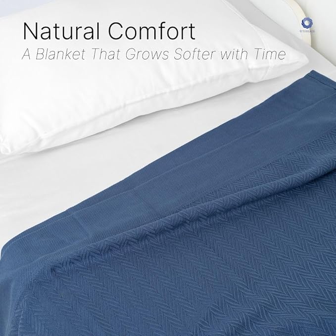 Multipurpose Blanket, Twin Size 100% Extra Long Staple Cotton, Herringbone Weave, Blue, Soft & Breathable, Ideal for All Seasons